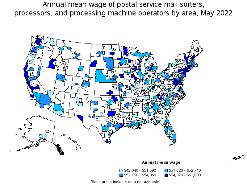 Map of annual mean wages of postal service mail sorters, processors, and processing machine operators by area, May 2022