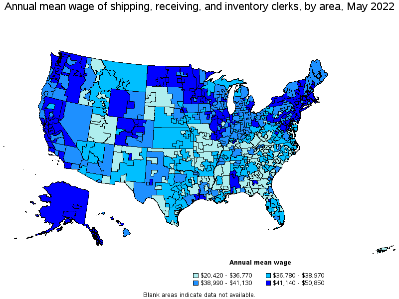 Map of annual mean wages of shipping, receiving, and inventory clerks by area, May 2022