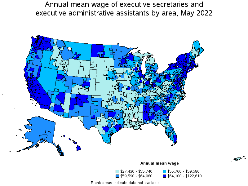 Map of annual mean wages of executive secretaries and executive administrative assistants by area, May 2022