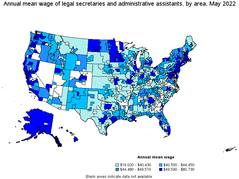 Map of annual mean wages of legal secretaries and administrative assistants by area, May 2022