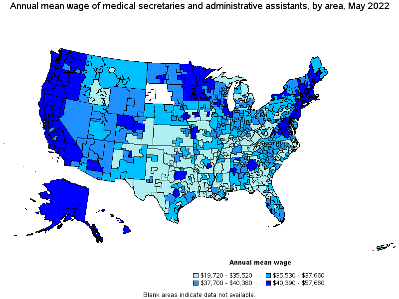 Map of annual mean wages of medical secretaries and administrative assistants by area, May 2022