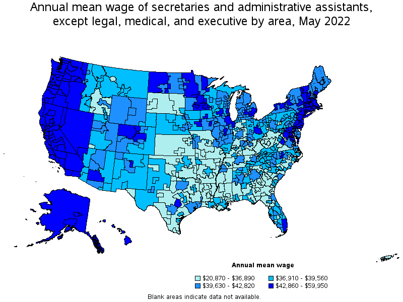 Map of annual mean wages of secretaries and administrative assistants, except legal, medical, and executive by area, May 2022