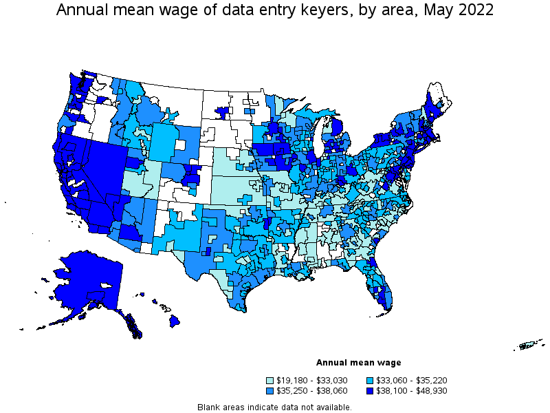 Map of annual mean wages of data entry keyers by area, May 2022