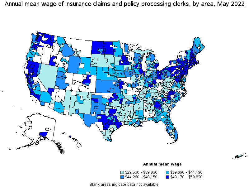 Map of annual mean wages of insurance claims and policy processing clerks by area, May 2022