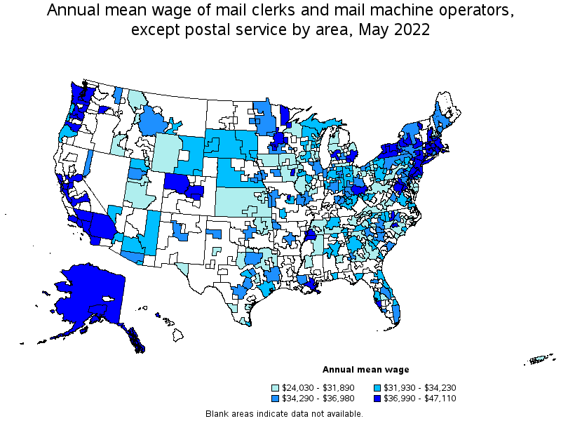 Map of annual mean wages of mail clerks and mail machine operators, except postal service by area, May 2022