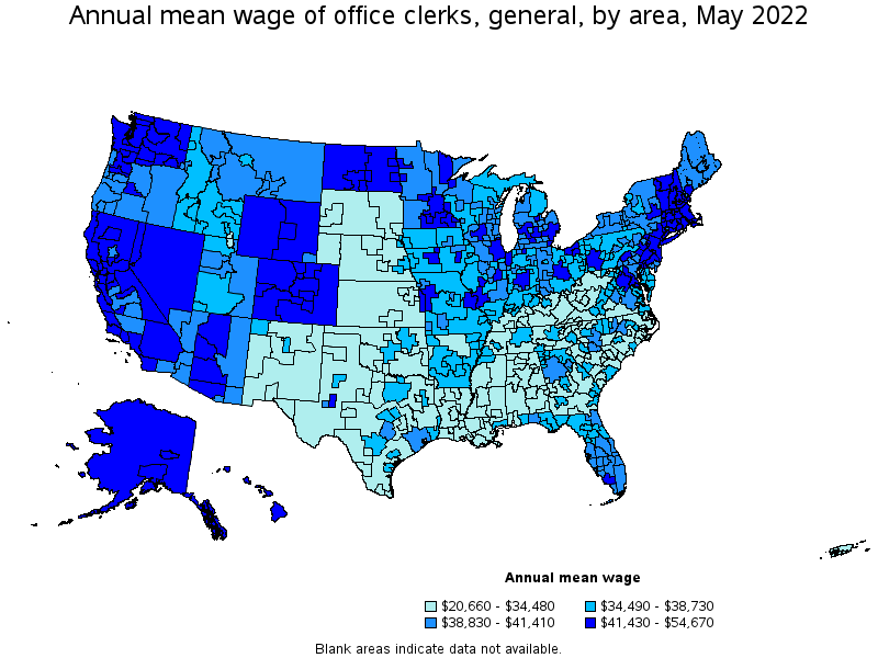 Map of annual mean wages of office clerks, general by area, May 2022