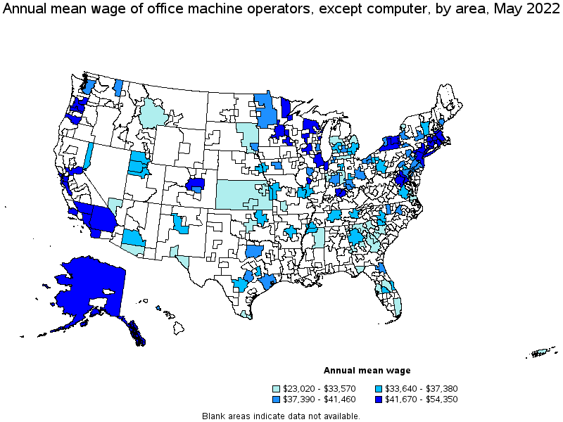 Map of annual mean wages of office machine operators, except computer by area, May 2022