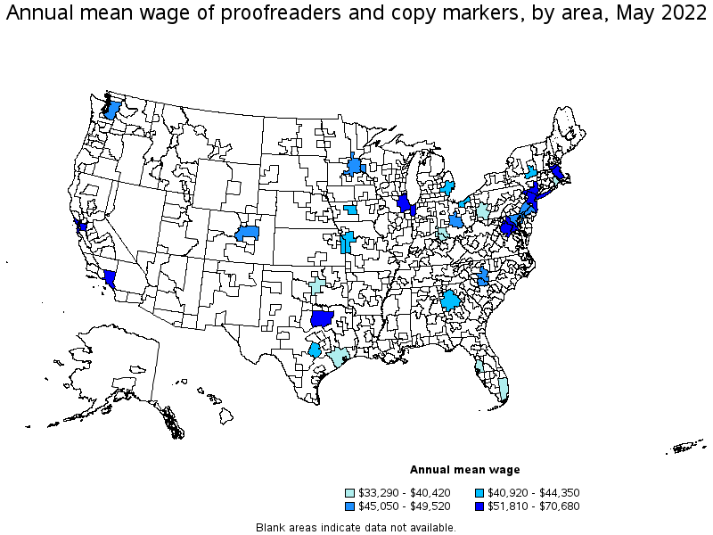 Map of annual mean wages of proofreaders and copy markers by area, May 2022