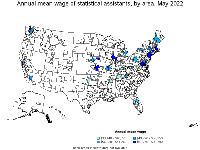 Map of annual mean wages of statistical assistants by area, May 2022