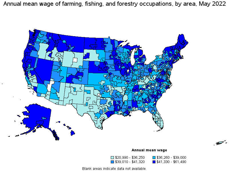 Map of annual mean wages of farming, fishing, and forestry occupations by area, May 2022