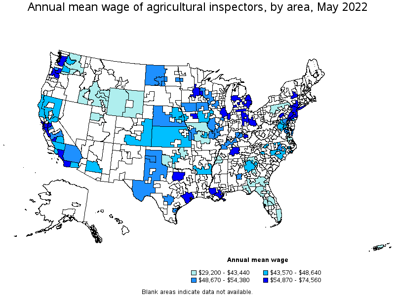 Map of annual mean wages of agricultural inspectors by area, May 2022