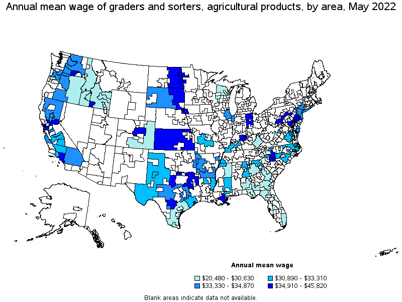 Map of annual mean wages of graders and sorters, agricultural products by area, May 2022