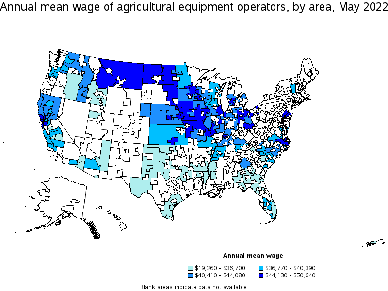 Map of annual mean wages of agricultural equipment operators by area, May 2022
