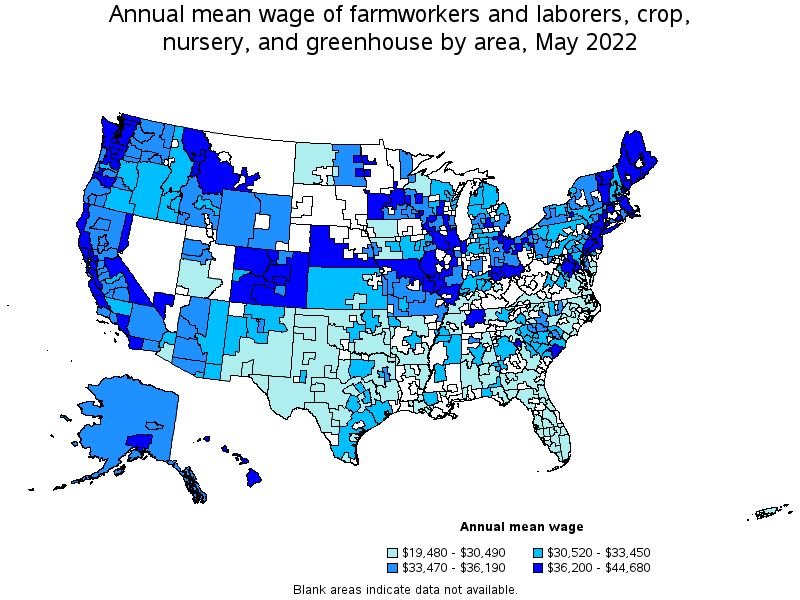 Map of annual mean wages of farmworkers and laborers, crop, nursery, and greenhouse by area, May 2022