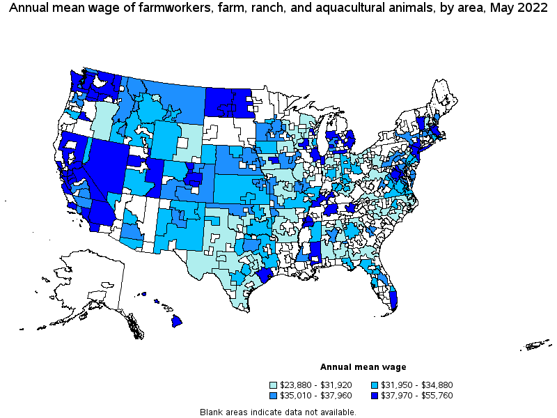 Map of annual mean wages of farmworkers, farm, ranch, and aquacultural animals by area, May 2022