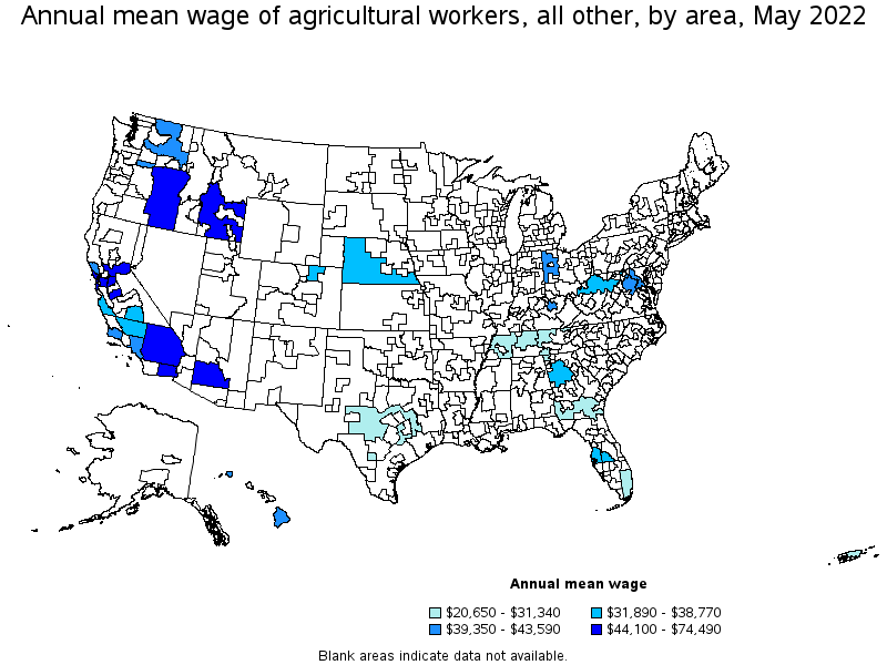 Map of annual mean wages of agricultural workers, all other by area, May 2022