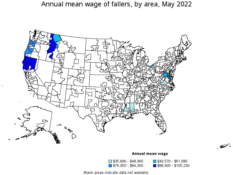 Map of annual mean wages of fallers by area, May 2022