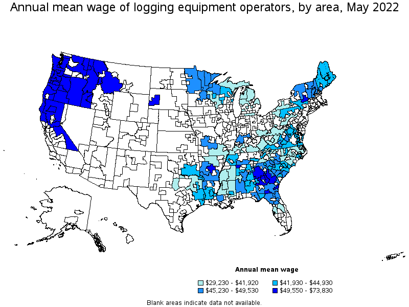 Map of annual mean wages of logging equipment operators by area, May 2022