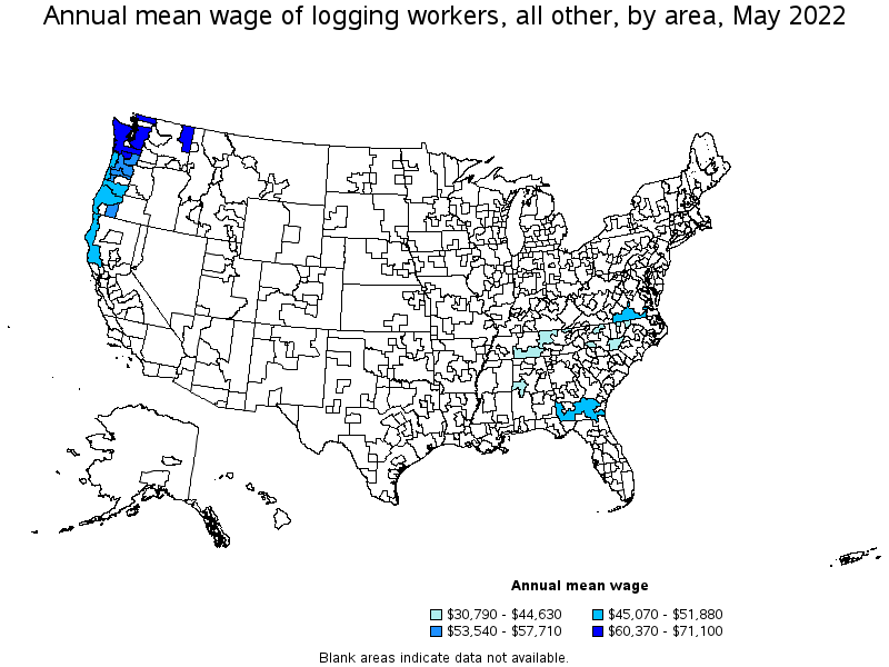 Map of annual mean wages of logging workers, all other by area, May 2022