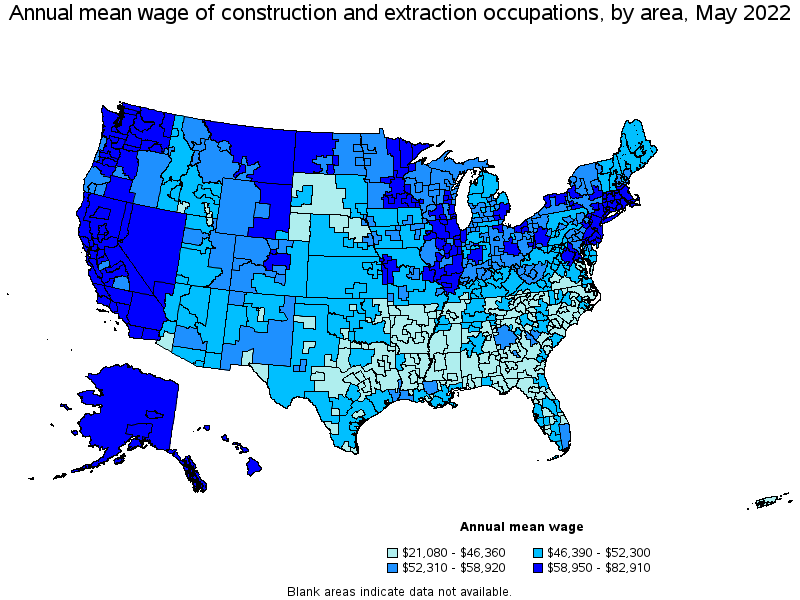 Map of annual mean wages of construction and extraction occupations by area, May 2022