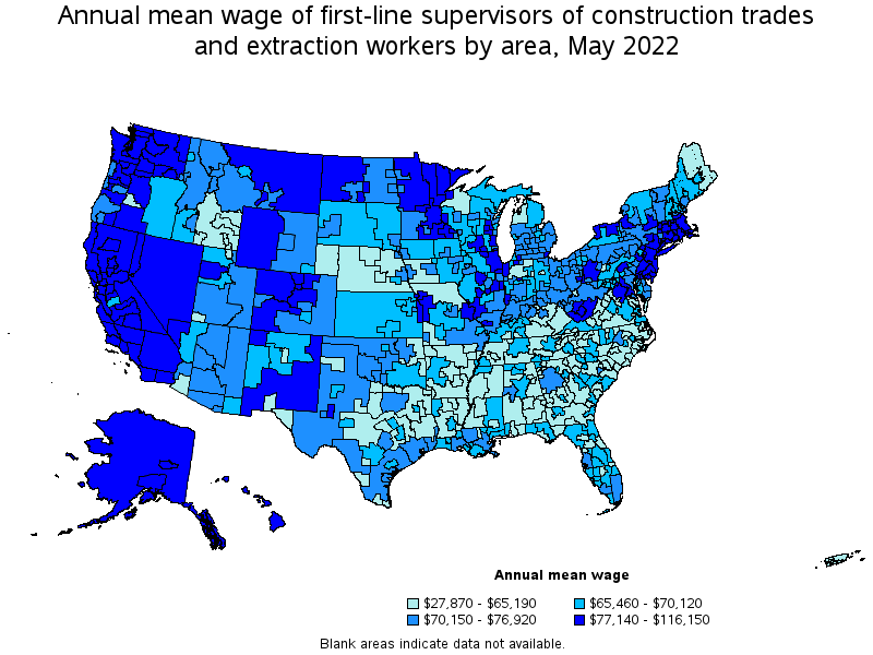 Map of annual mean wages of first-line supervisors of construction trades and extraction workers by area, May 2022
