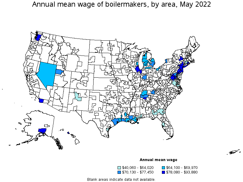 Map of annual mean wages of boilermakers by area, May 2022