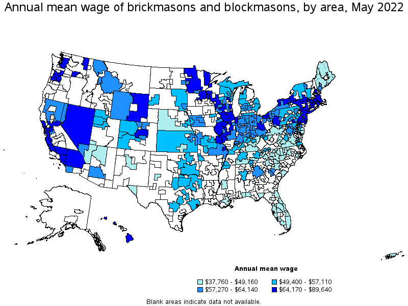 Map of annual mean wages of brickmasons and blockmasons by area, May 2022