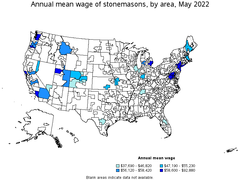 Map of annual mean wages of stonemasons by area, May 2022