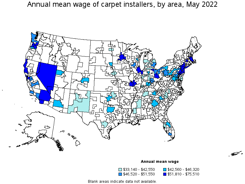 Map of annual mean wages of carpet installers by area, May 2022