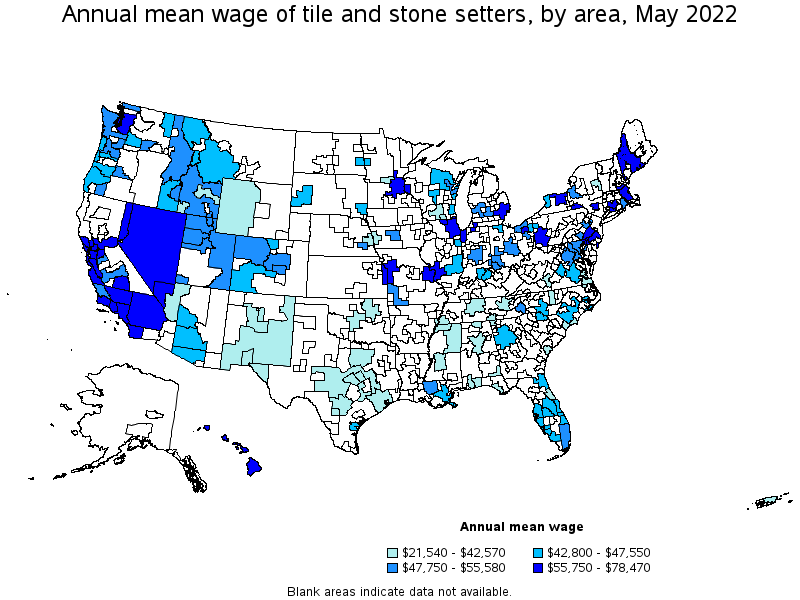 Map of annual mean wages of tile and stone setters by area, May 2022