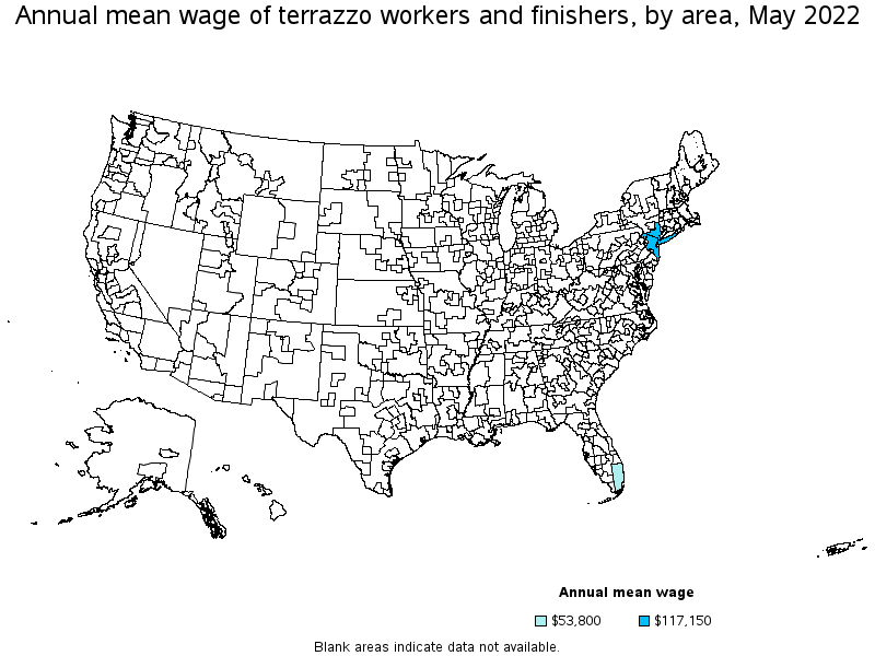 Map of annual mean wages of terrazzo workers and finishers by area, May 2022