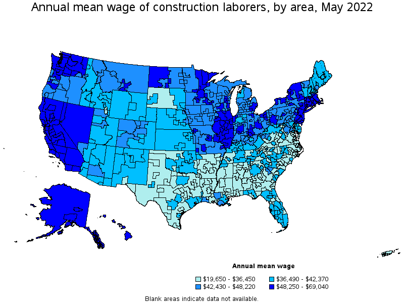 Map of annual mean wages of construction laborers by area, May 2022