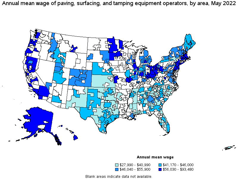 Map of annual mean wages of paving, surfacing, and tamping equipment operators by area, May 2022