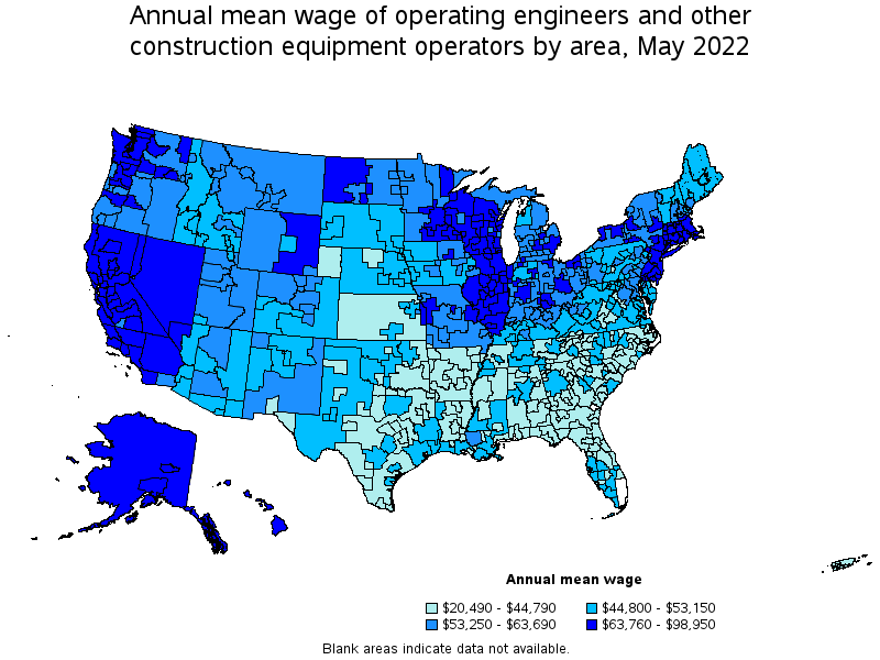 Map of annual mean wages of operating engineers and other construction equipment operators by area, May 2022
