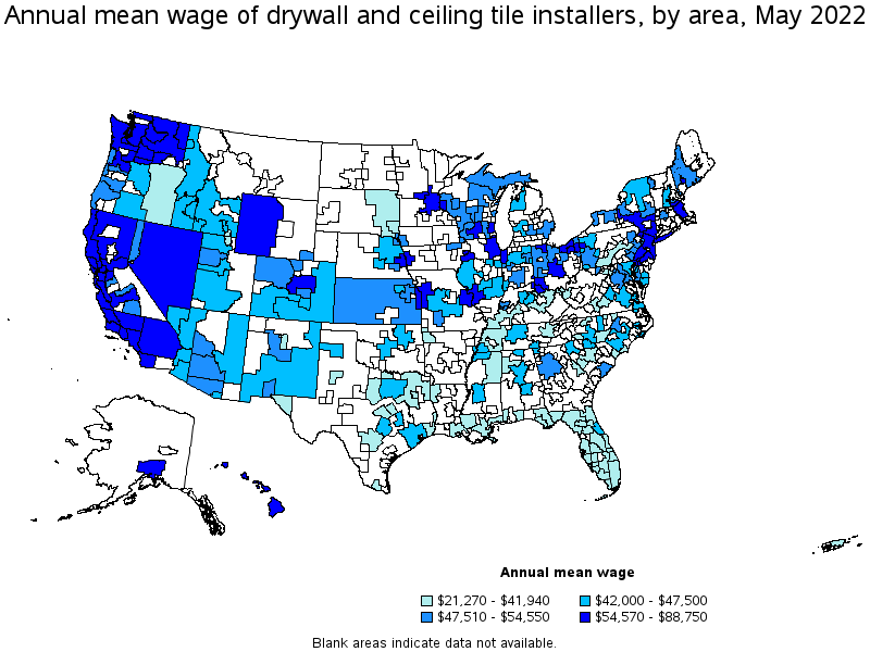 Map of annual mean wages of drywall and ceiling tile installers by area, May 2022