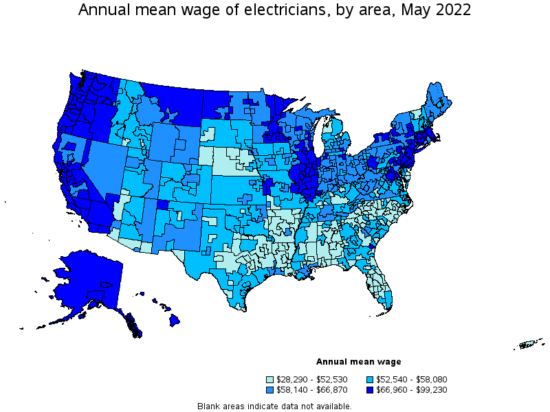 Map of annual mean wages of electricians by area, May 2022