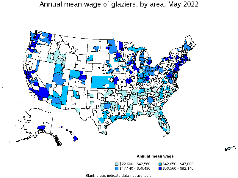 Map of annual mean wages of glaziers by area, May 2022