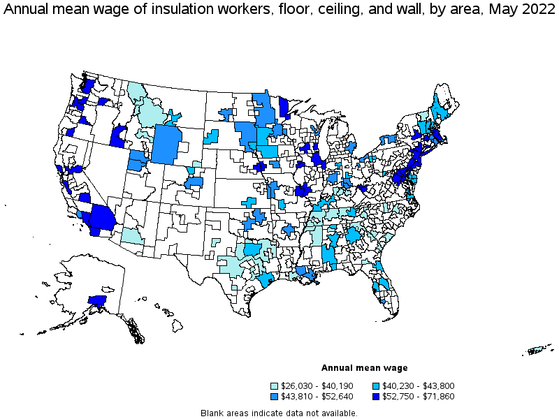 Map of annual mean wages of insulation workers, floor, ceiling, and wall by area, May 2022