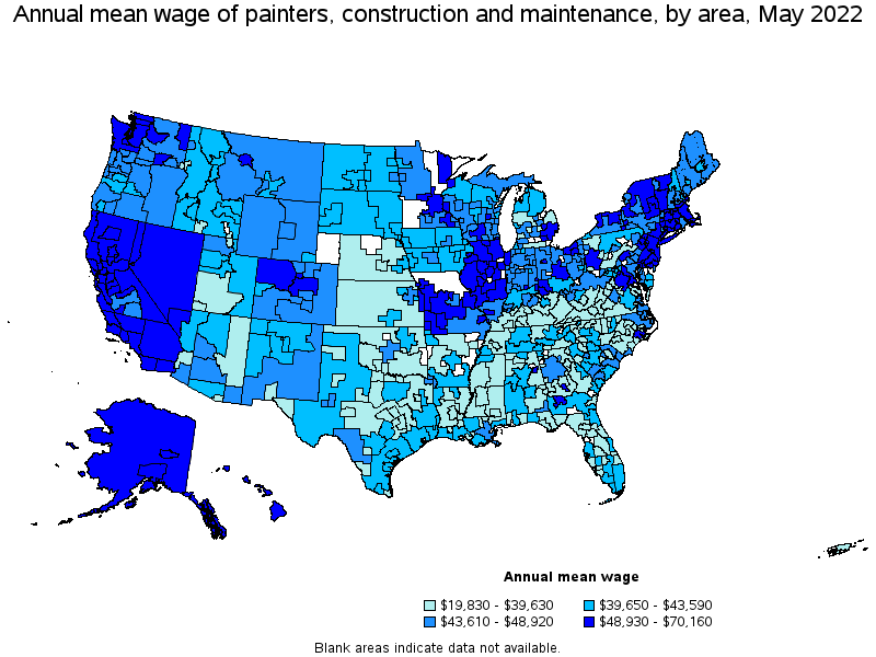 Map of annual mean wages of painters, construction and maintenance by area, May 2022