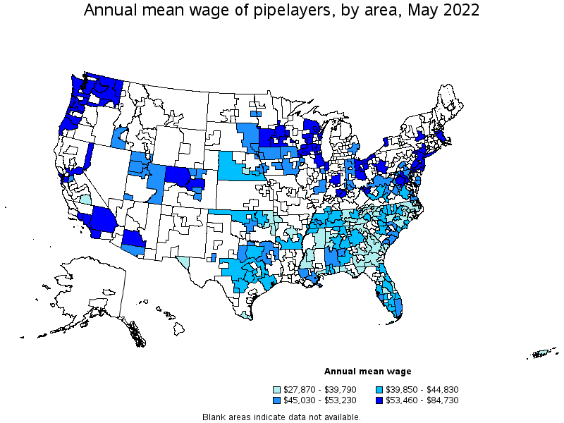 Map of annual mean wages of pipelayers by area, May 2022