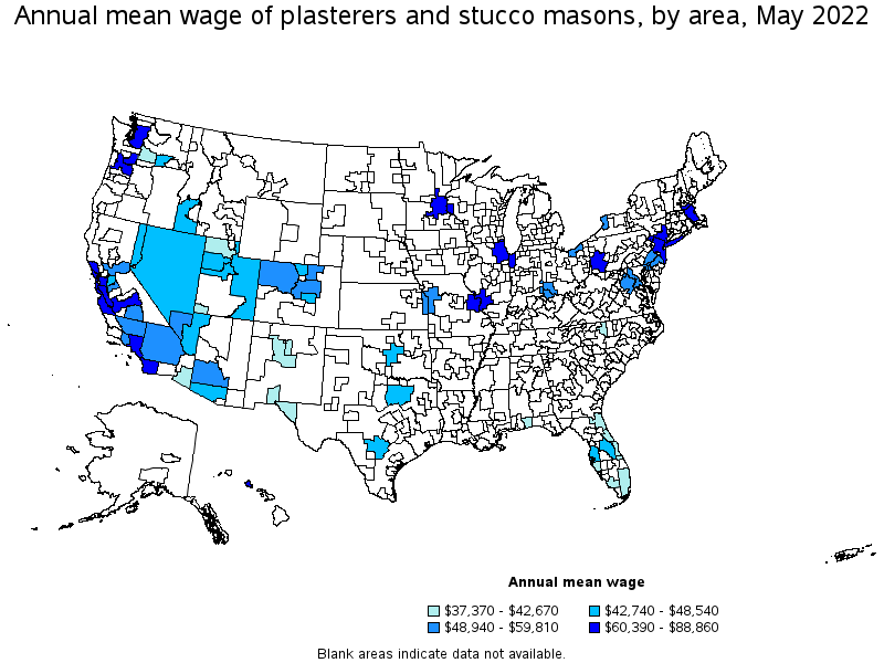 Map of annual mean wages of plasterers and stucco masons by area, May 2022