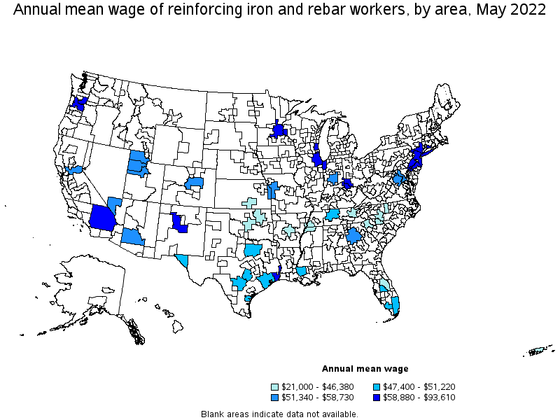 Map of annual mean wages of reinforcing iron and rebar workers by area, May 2022