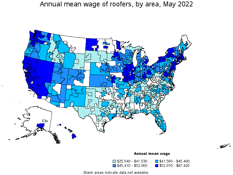 Map of annual mean wages of roofers by area, May 2022