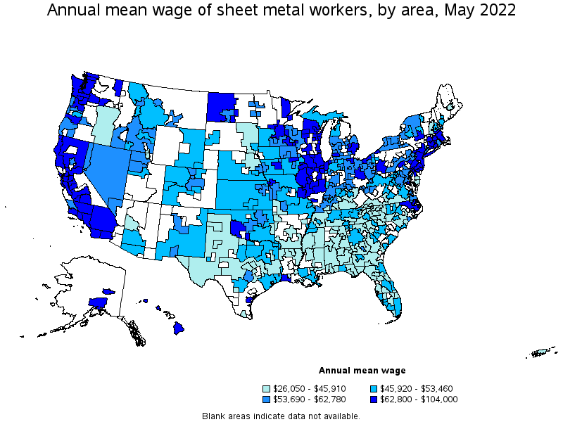 Map of annual mean wages of sheet metal workers by area, May 2022