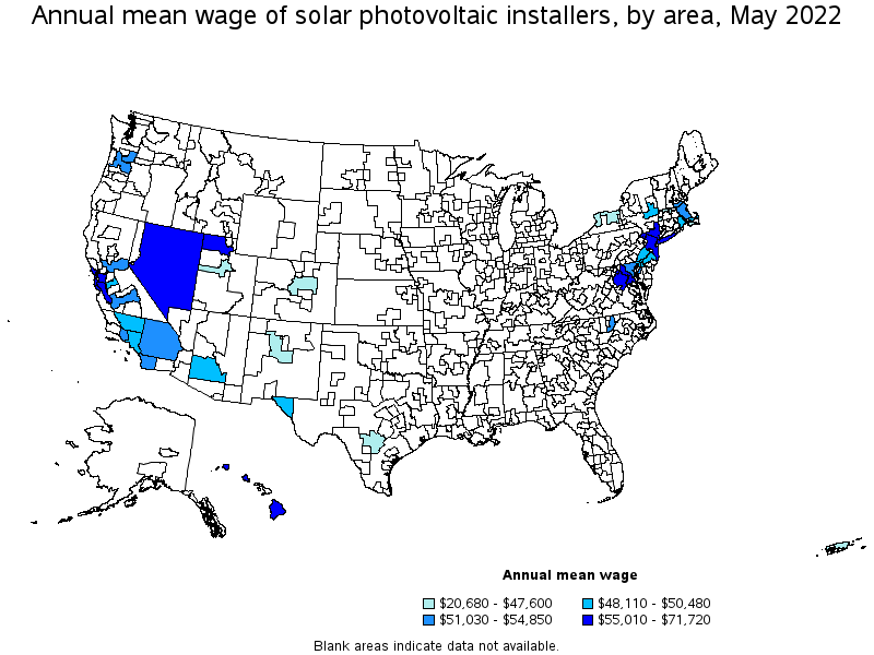 Map of annual mean wages of solar photovoltaic installers by area, May 2022