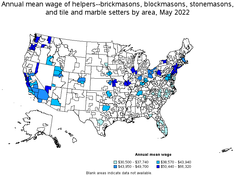 Map of annual mean wages of helpers--brickmasons, blockmasons, stonemasons, and tile and marble setters by area, May 2022