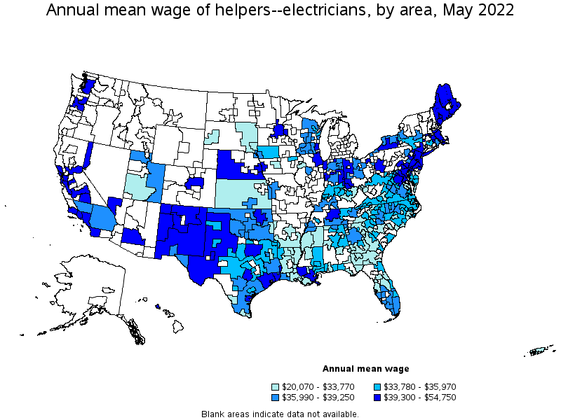 Map of annual mean wages of helpers--electricians by area, May 2022