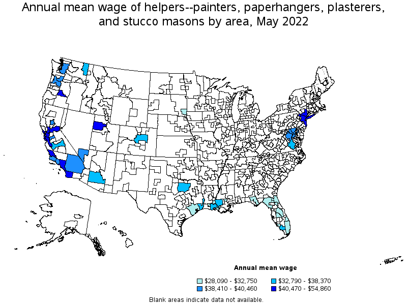 Map of annual mean wages of helpers--painters, paperhangers, plasterers, and stucco masons by area, May 2022