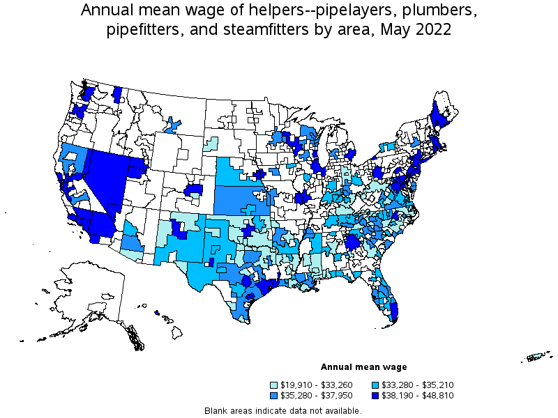 Map of annual mean wages of helpers--pipelayers, plumbers, pipefitters, and steamfitters by area, May 2022