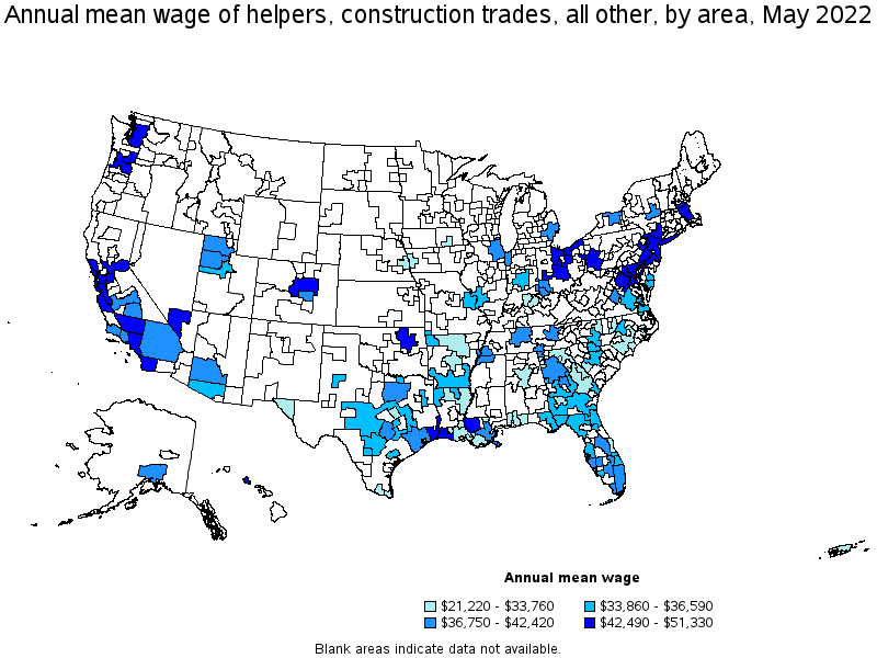 Map of annual mean wages of helpers, construction trades, all other by area, May 2022